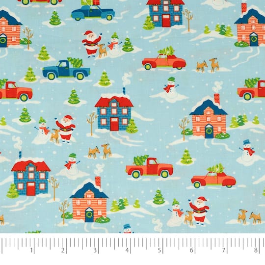 SINGER Blue Santa's Village Cotton Fabric